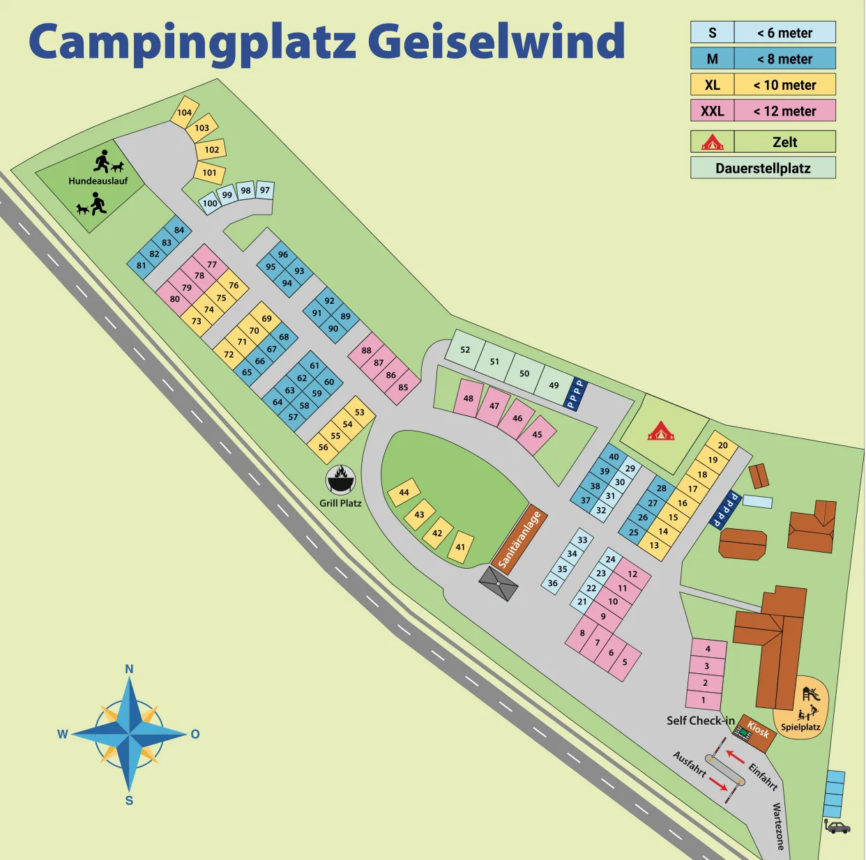 Platzplan mit nummerierten Parzellen und Größenlegende